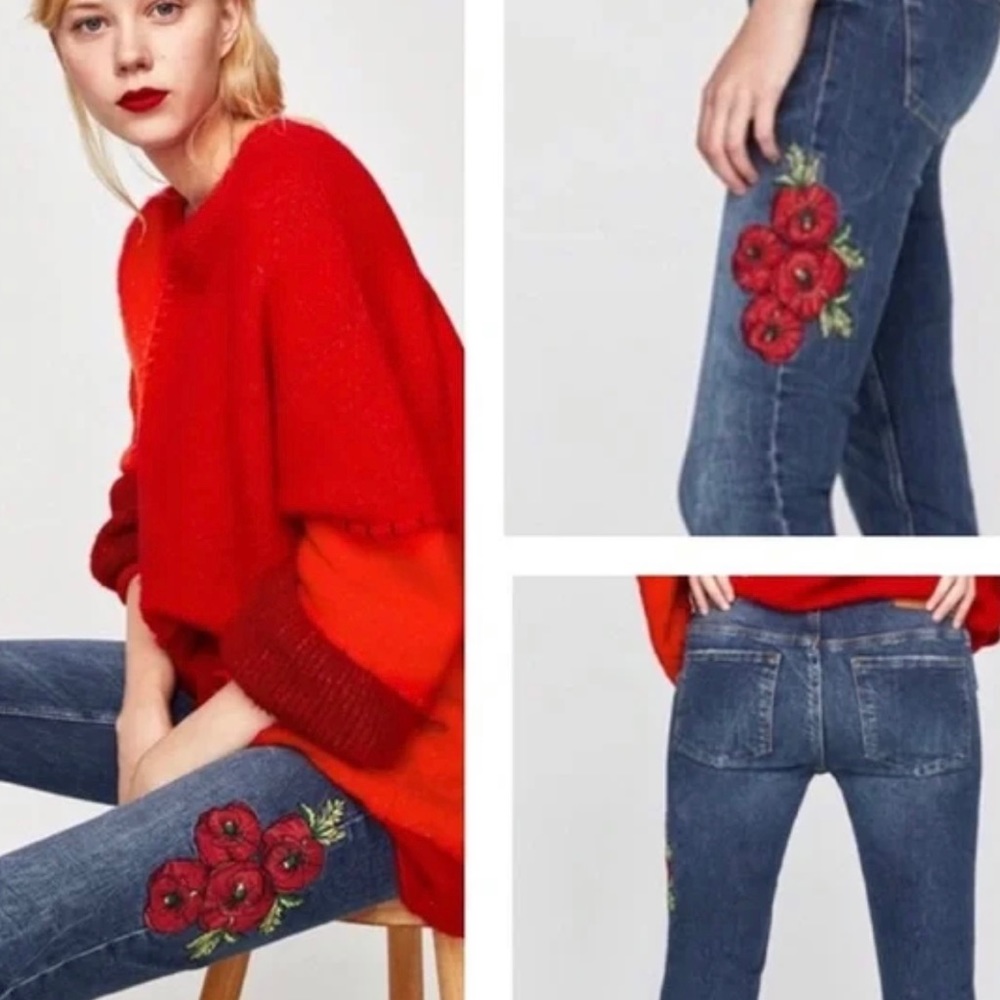 Zara Trafaluc Denim Wear Floral Embroidered Skinny Ankle Jeans Size 2